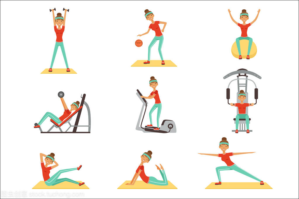 在與運(yùn)動(dòng)器材健身房鍛煉健身女人設(shè)置的炫彩矢量插圖